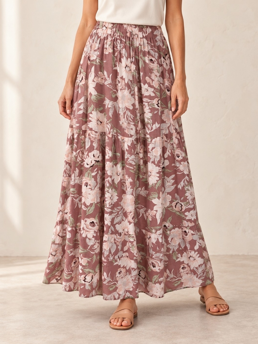 Mauve Floral Tiered Maxi Skirt — Women